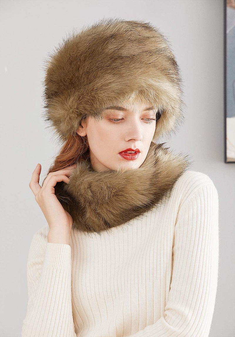 Lovful Faux Fur Women Russian Cossack Style Hat,Scarf Set for Ladies Winter,Camel - Image 4